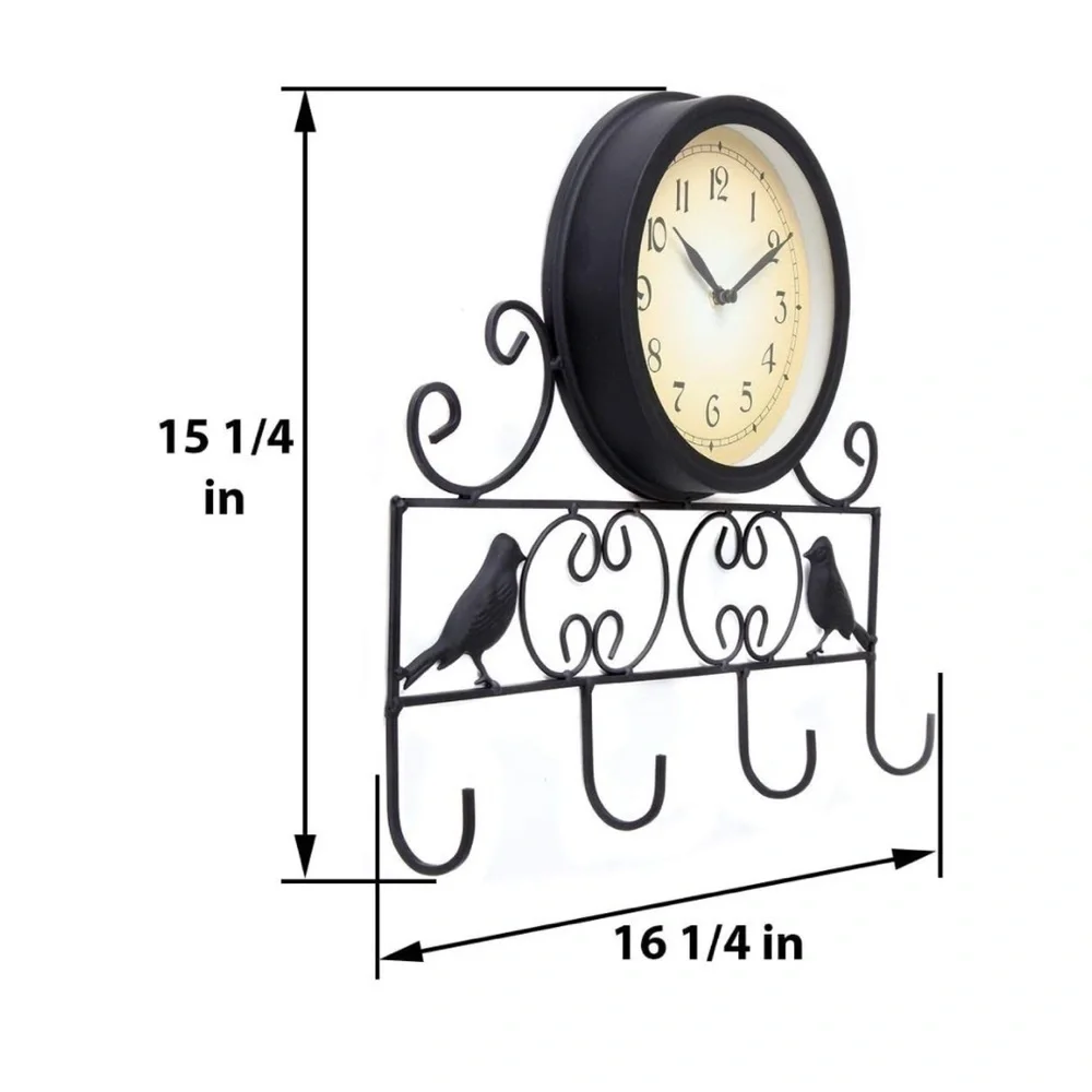 LILYS HOME Sparrow Bird Wall Clock Key Holder  Hook Rack Combo Black Iron